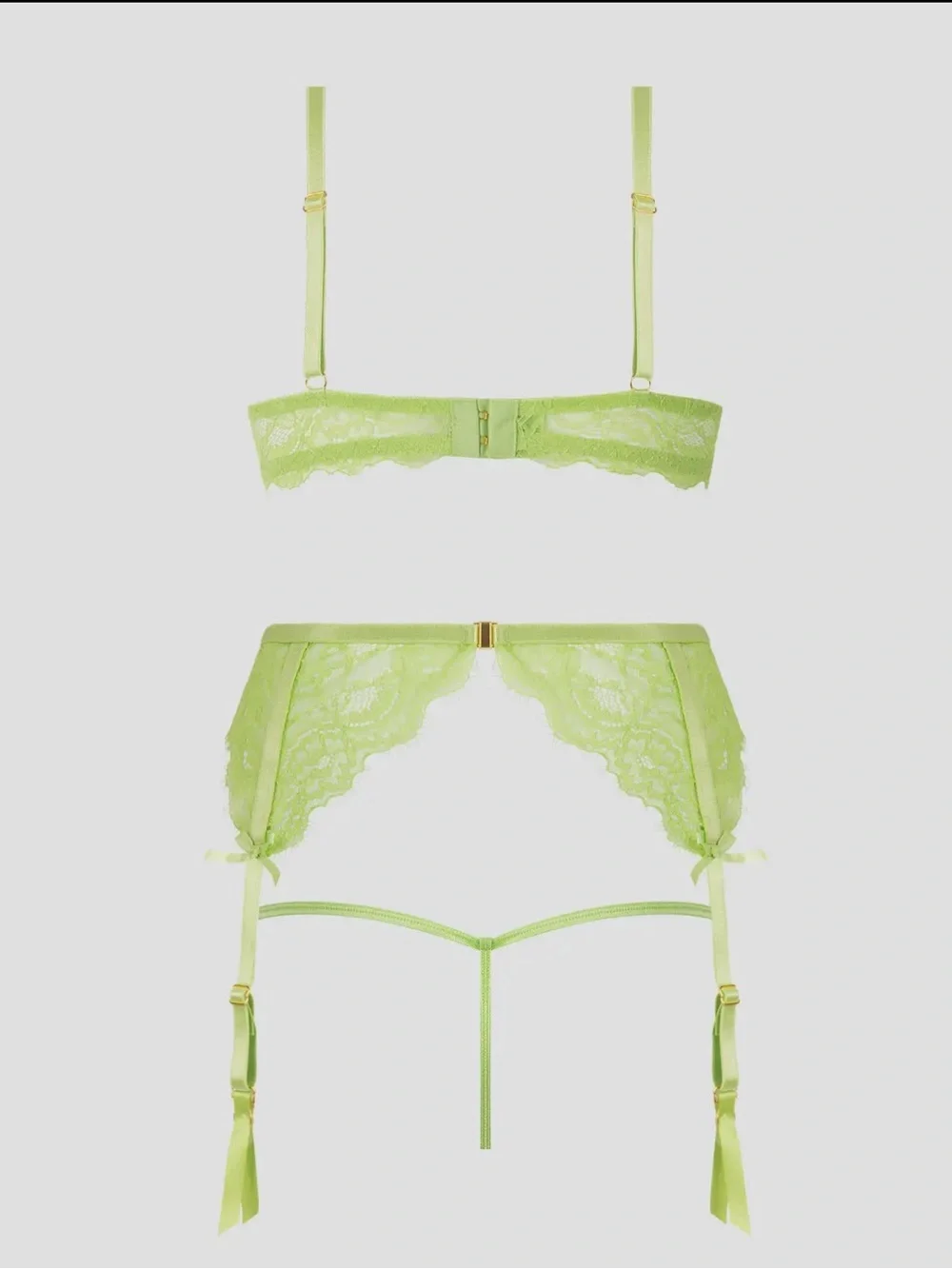 NWT Lime Green Lace Bra Panty & Garter Set